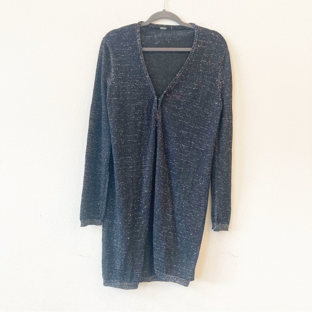 Chan Luu Black Metallic Cardigan  Lurex Longline Long Sleeve  Eye Hook Sliver L